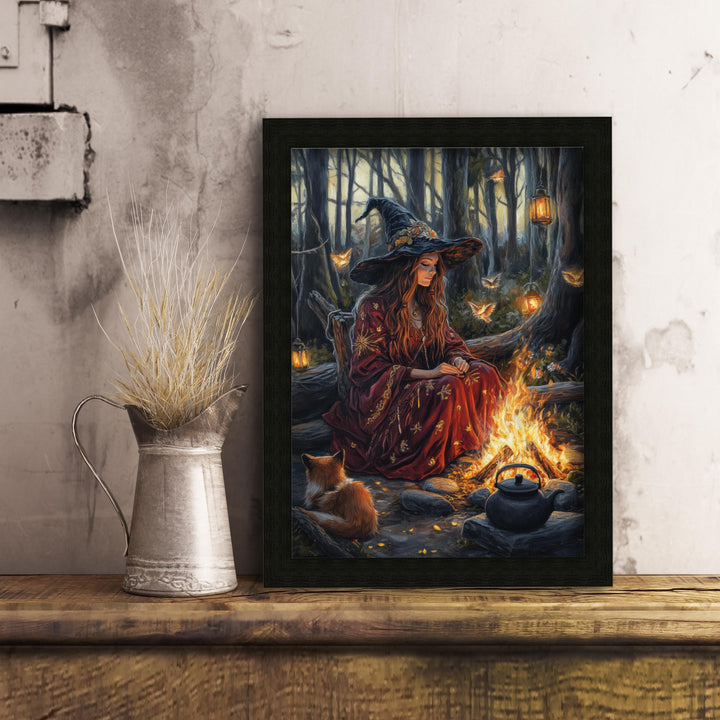 Witch by Firelight Vintage Art Print, Cottagecore Enchanted Hearth