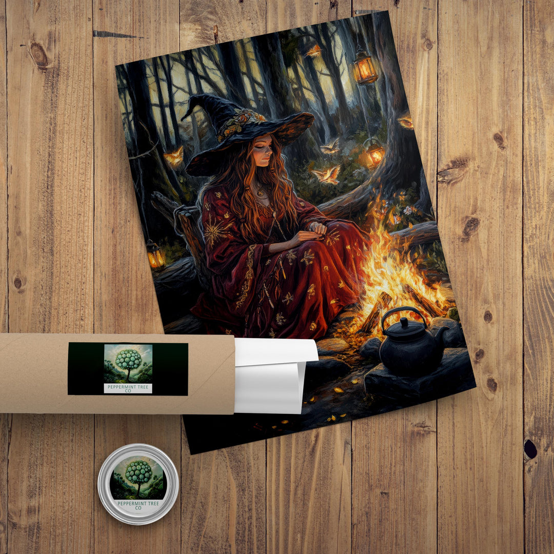 Witch by Firelight Vintage Art Print, Cottagecore Enchanted Hearth