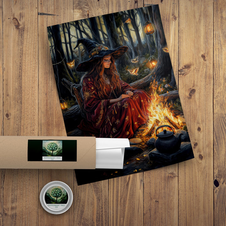 Witch by Firelight Vintage Art Print, Cottagecore Enchanted Hearth