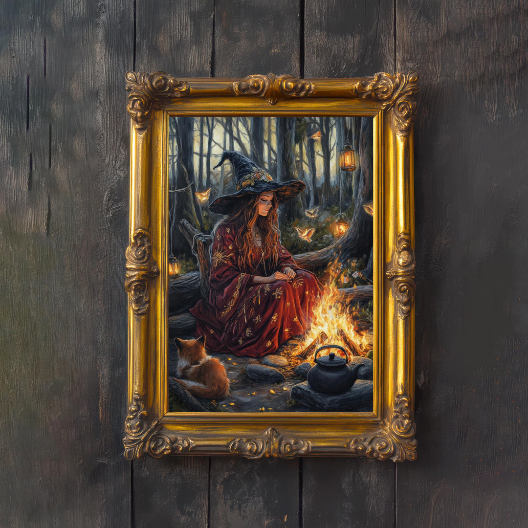 Witch by Firelight Vintage Art Print, Cottagecore Enchanted Hearth