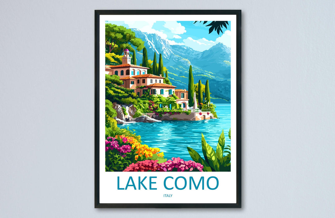 Lake Como Travel Poster Italy Wall Art Waterfront View Print Villa Scene Illustration Alpine Decor Lake Como Gift Souvenir Scene