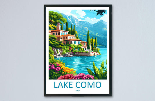 Lake Como Travel Poster Italy Wall Art Waterfront View Print Villa Scene Illustration Alpine Decor Lake Como Gift Souvenir Scene