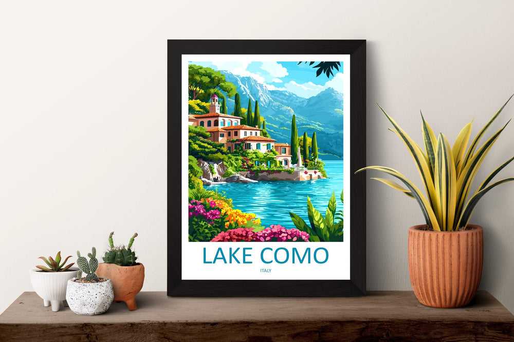 Lake Como Travel Poster Italy Wall Art Waterfront View Print Villa Scene Illustration Alpine Decor Lake Como Gift Souvenir Scene