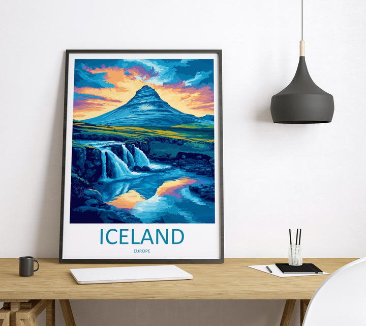 Iceland Travel Poster Nordic Wall Art Landscape Print Waterfall View Illustration Volcanic Decor Iceland Gift Souvenir Scene