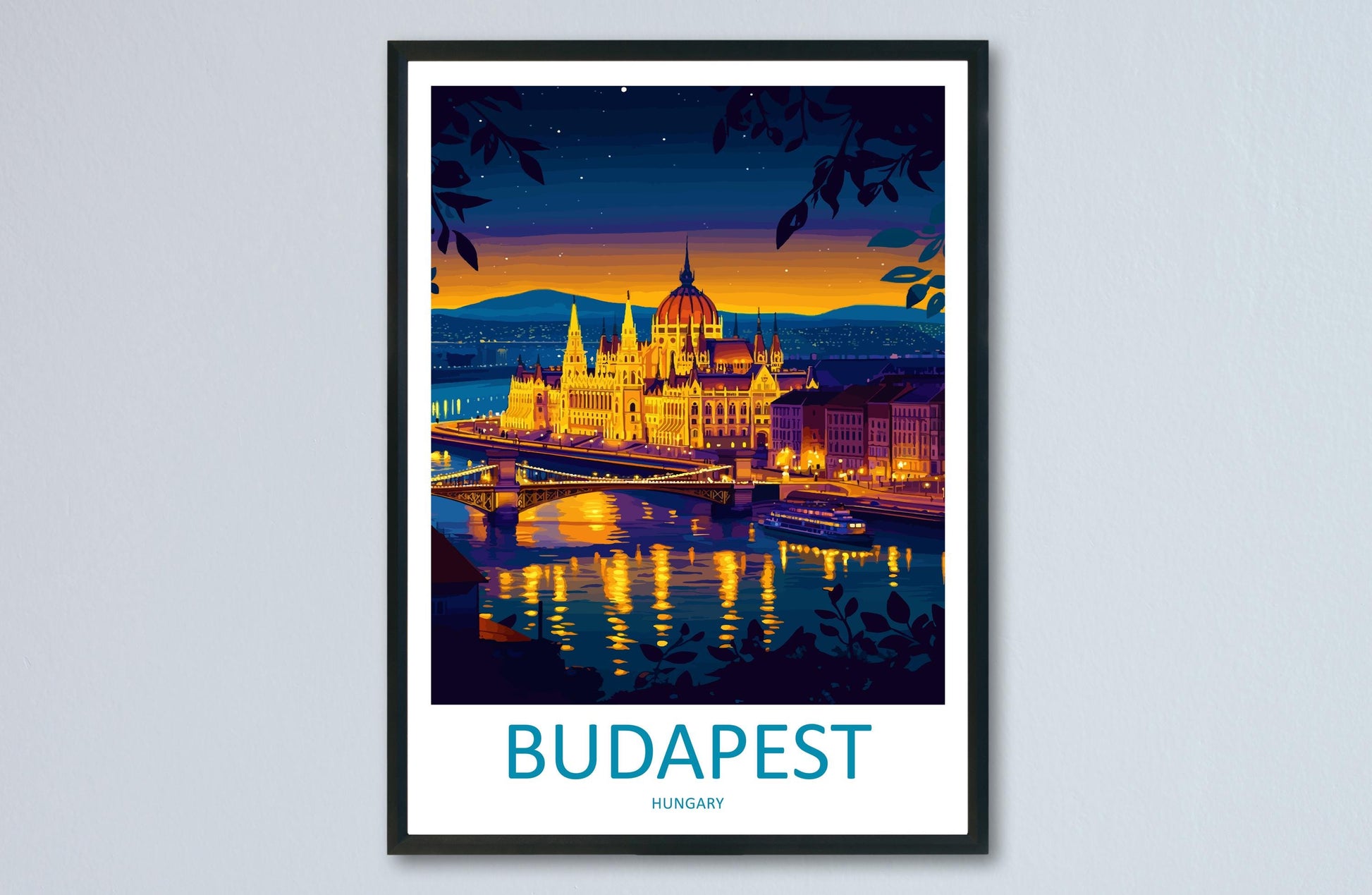 Budapest Travel Poster Hungary Wall Art Cityscape Print Parliament View Illustration Danube Decor Budapest Gift Souvenir Scene