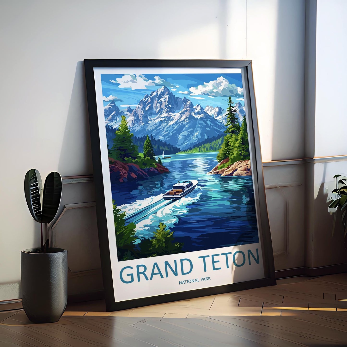 Grand Teton National Park Travel Poster Wyoming Wall Art Mountain View Print Alpine Scene Illustration Nature Decor Gift Souvenir