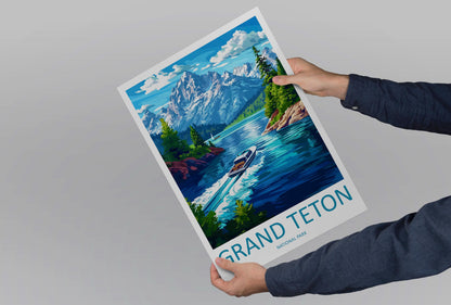 Grand Teton National Park Travel Poster Wyoming Wall Art Mountain View Print Alpine Scene Illustration Nature Decor Gift Souvenir