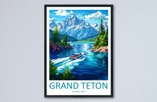 Grand Teton National Park Travel Poster Wyoming Wall Art Mountain View Print Alpine Scene Illustration Nature Decor Gift Souvenir
