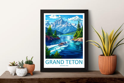 Grand Teton National Park Travel Poster Wyoming Wall Art Mountain View Print Alpine Scene Illustration Nature Decor Gift Souvenir