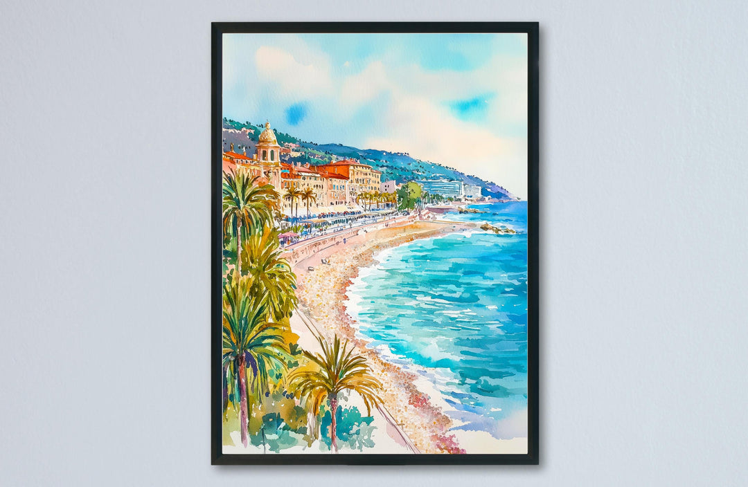 Nice Watercolor Poster Nice Travel Print France Wall Art Nice Decor French Riviera Scene Promenade des Anglais Beach City Landscape Print