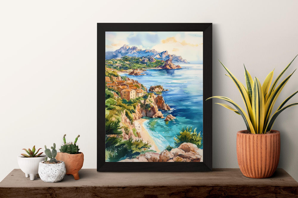Corsica Watercolor Poster Corsica Travel Print France Wall Art Corsica Island Decor Coastal Scene Mountain Landscape Mediterranean View