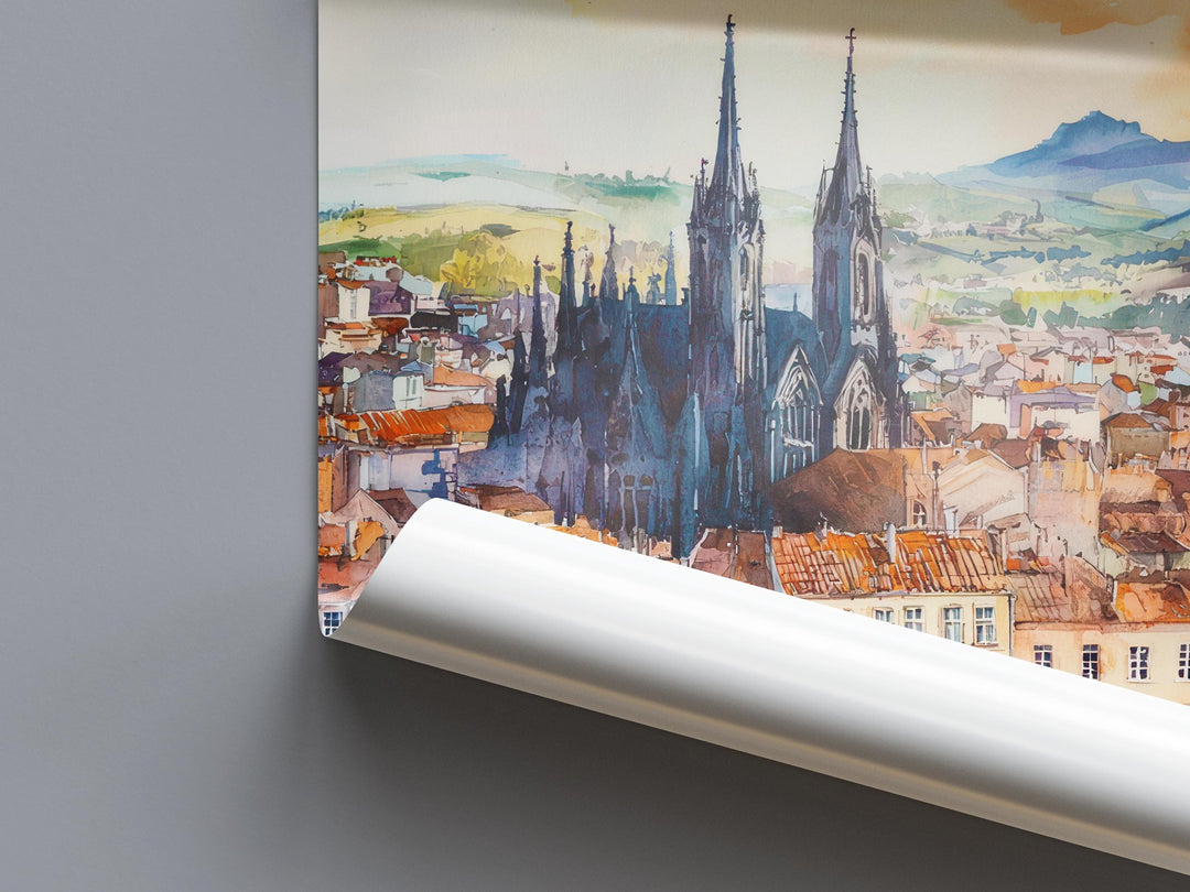 Clermont Ferrand Watercolor Poster Clermont Travel Print France Wall Art Clermont Ferrand Decor Volcano City Scene French Landscape Print