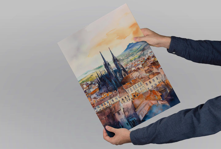 Clermont Ferrand Watercolor Poster Clermont Travel Print France Wall Art Clermont Ferrand Decor Volcano City Scene French Landscape Print