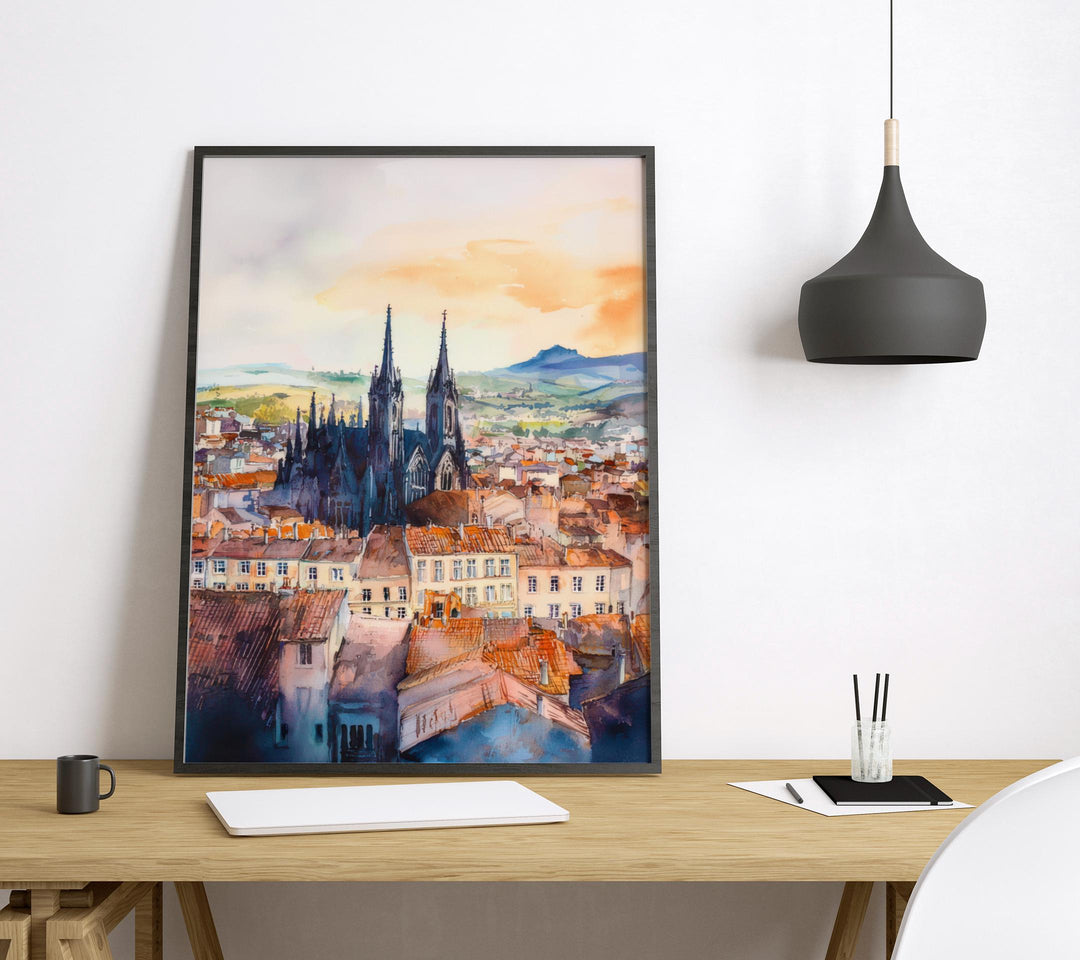 Clermont Ferrand Watercolor Poster Clermont Travel Print France Wall Art Clermont Ferrand Decor Volcano City Scene French Landscape Print