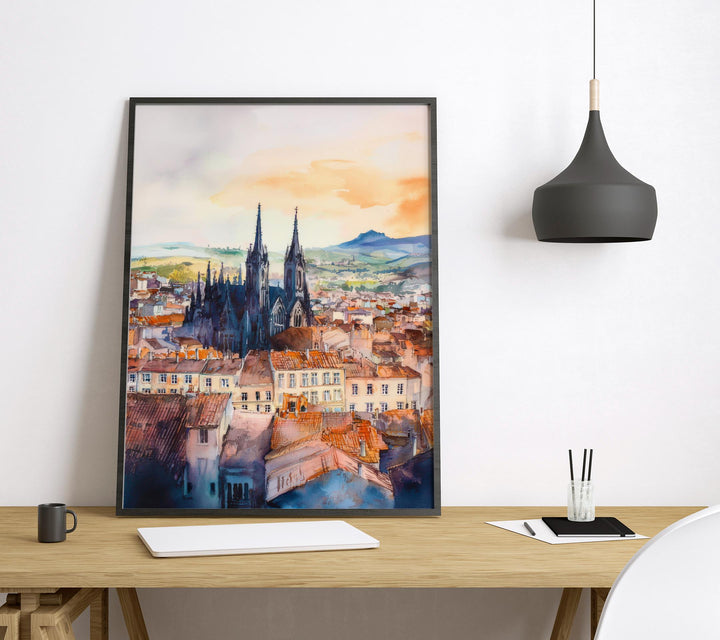 Clermont Ferrand Watercolor Poster Clermont Travel Print France Wall Art Clermont Ferrand Decor Volcano City Scene French Landscape Print