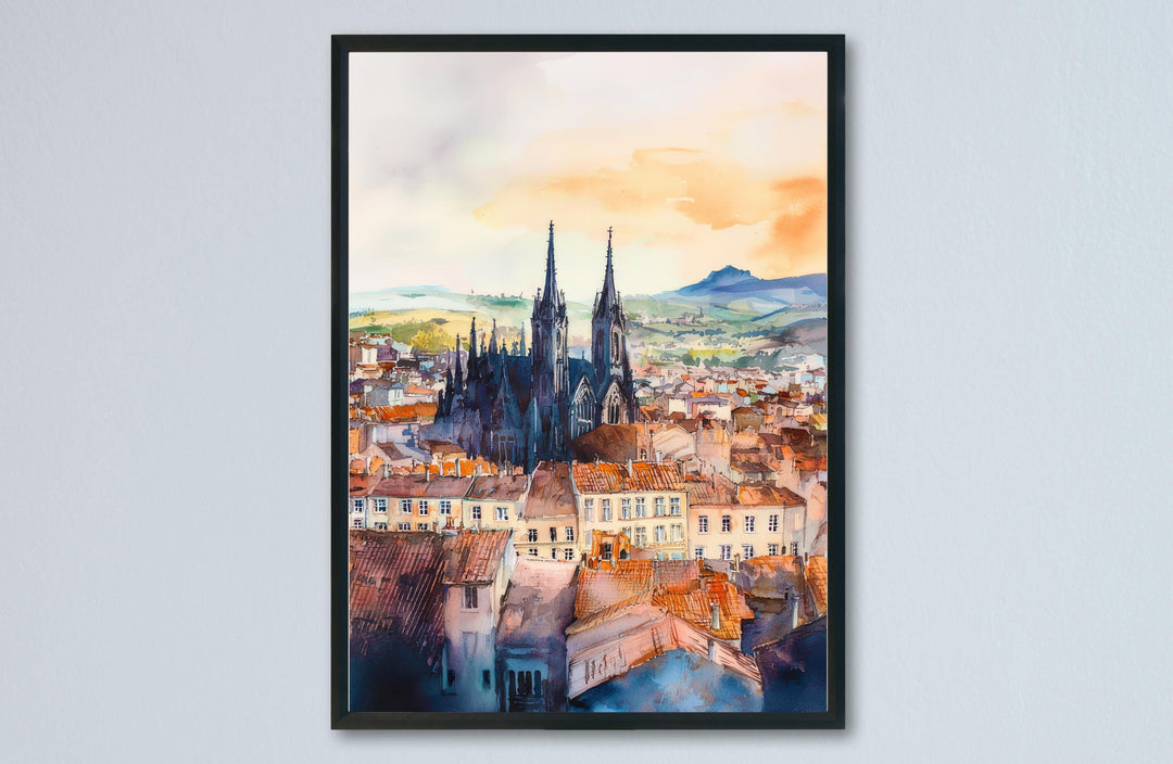 Clermont Ferrand Watercolor Poster Clermont Travel Print France Wall Art Clermont Ferrand Decor Volcano City Scene French Landscape Print