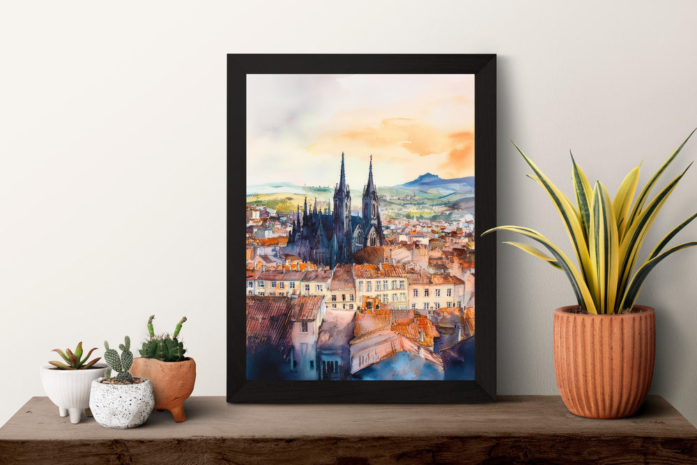 Clermont Ferrand Watercolor Poster Clermont Travel Print France Wall Art Clermont Ferrand Decor Volcano City Scene French Landscape Print