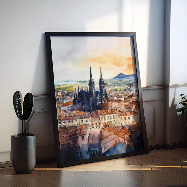 Clermont Ferrand Watercolor Poster Clermont Travel Print France Wall Art Clermont Ferrand Decor Volcano City Scene French Landscape Print