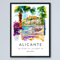 Alicante Watercolor Poster Alicante Travel Print Spain Wall Art Alicante Decor Coastal City Scene Castle Beach Spanish View Landscape