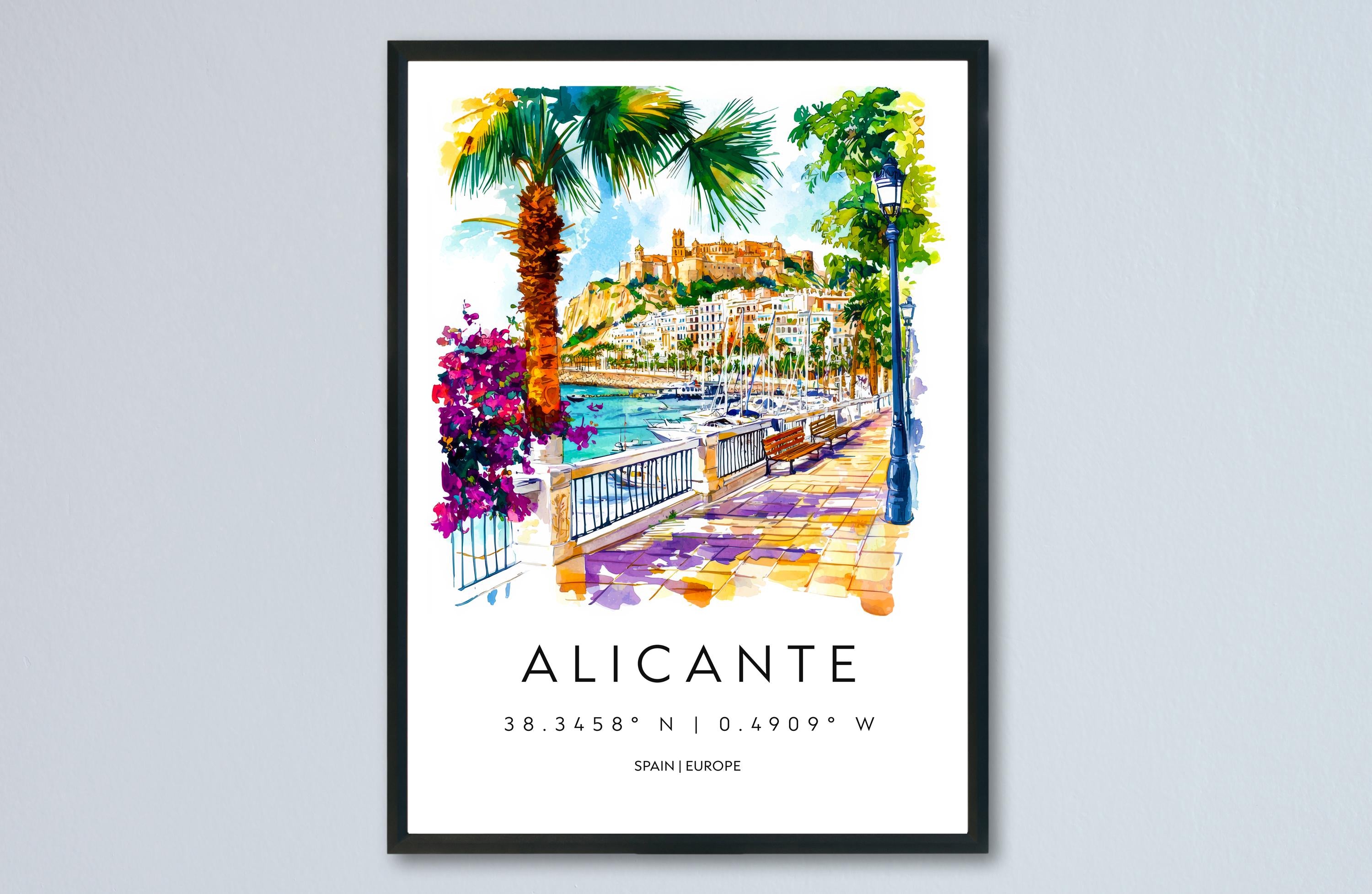 Alicante Watercolor Poster Alicante Travel Print Spain Wall Art Alicante Decor Coastal City Scene Castle Beach Spanish View Landscape