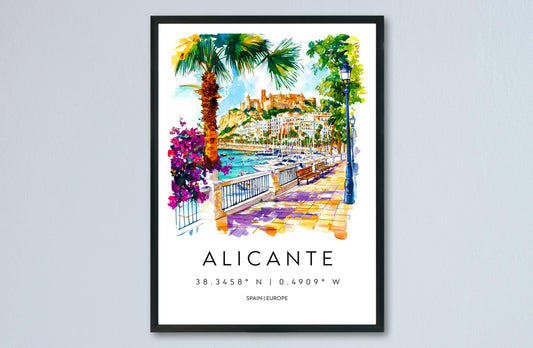 Alicante Watercolor Poster Alicante Travel Print Spain Wall Art Alicante Decor Coastal City Scene Castle Beach Spanish View Landscape