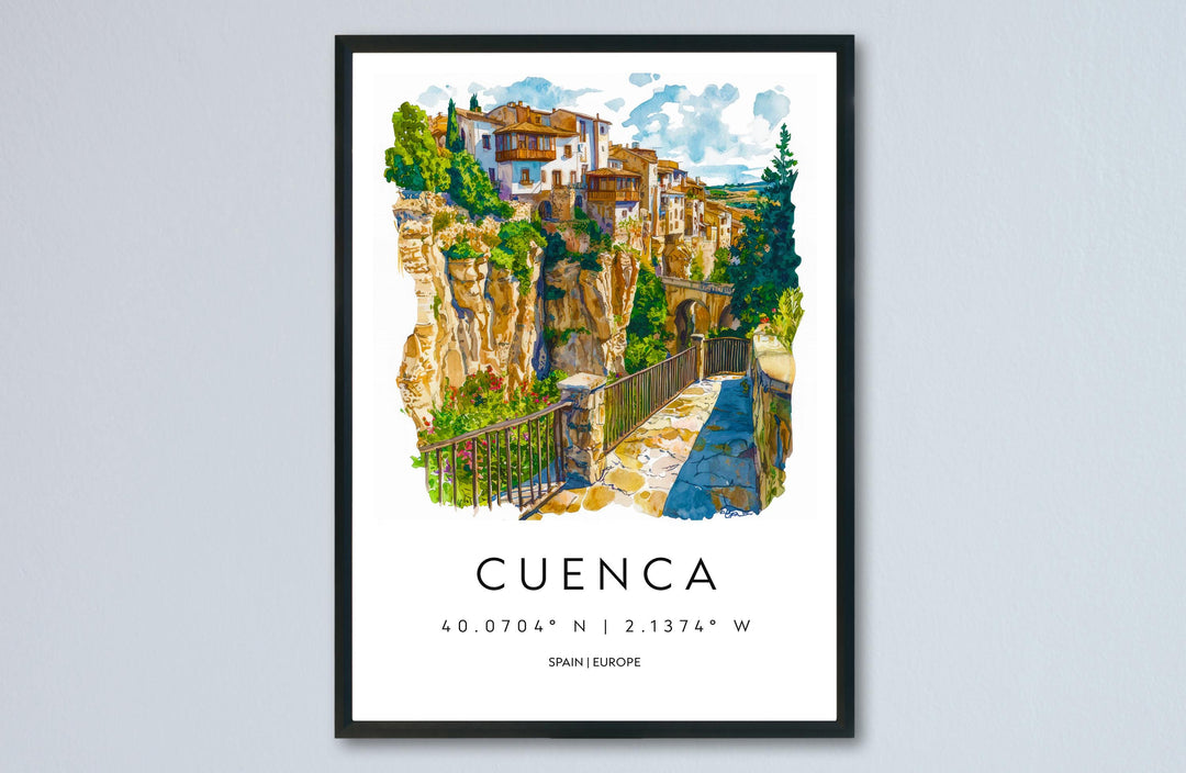 Cuenca Watercolor Poster Cuenca Travel Print Spain Wall Art Cuenca Decor Hanging Houses Scene Historic City View Cliffside Landscape Print