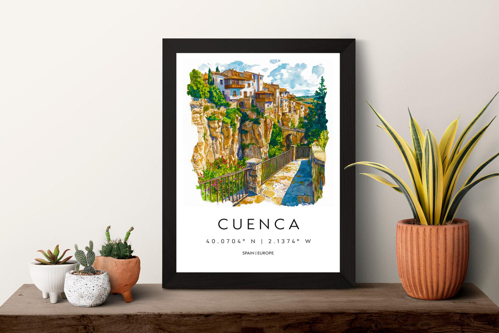 Cuenca Watercolor Poster Cuenca Travel Print Spain Wall Art Cuenca Decor Hanging Houses Scene Historic City View Cliffside Landscape Print