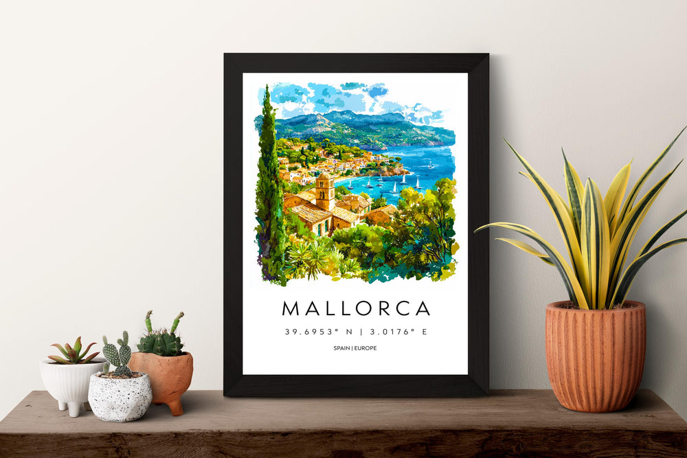 Mallorca Watercolor Poster Mallorca Travel Print Spain Wall Art Mallorca Decor Island Beach Scene Coastal View Mediterranean Landscape