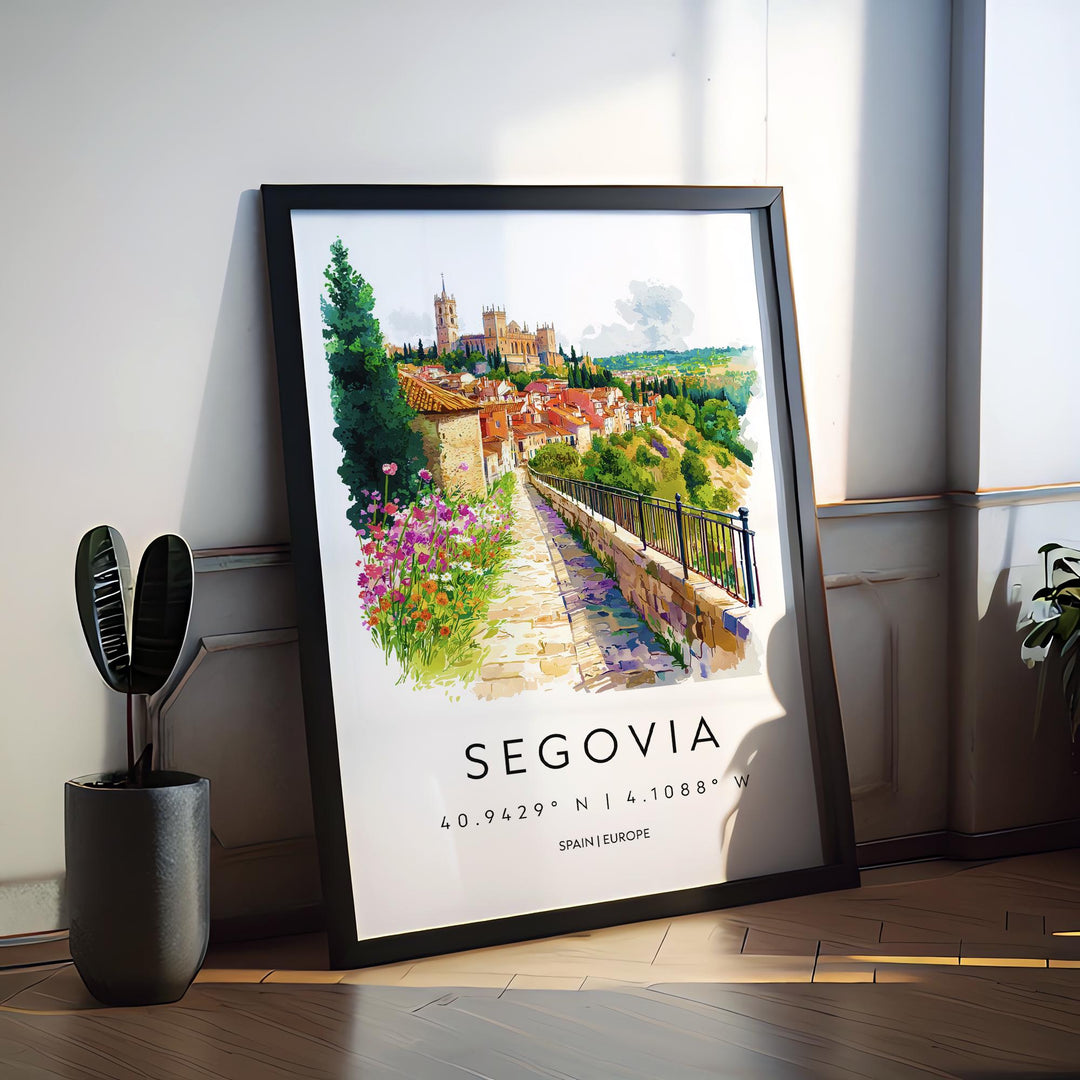 Segovia Watercolor Poster Segovia Travel Print Spain Wall Art Segovia Decor Aqueduct Scene Historic City View Castle Landscape Print
