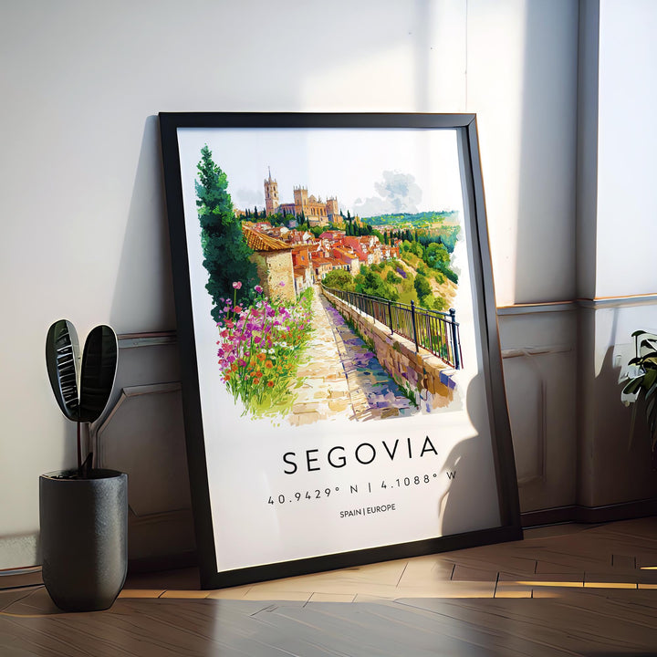 Segovia Watercolor Poster Segovia Travel Print Spain Wall Art Segovia Decor Aqueduct Scene Historic City View Castle Landscape Print