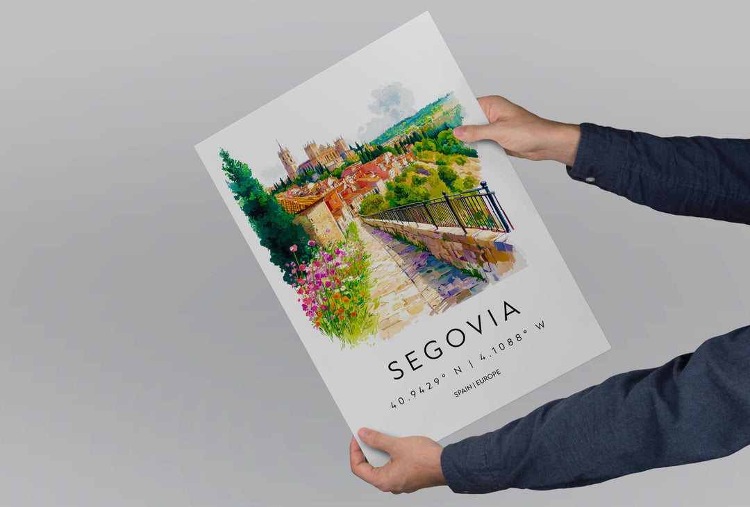 Segovia Watercolor Poster Segovia Travel Print Spain Wall Art Segovia Decor Aqueduct Scene Historic City View Castle Landscape Print