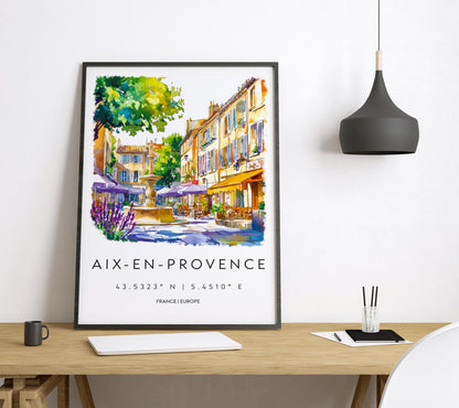 Aix en Provence Watercolor Poster Travel Print France Wall Art Aix en Provence Decor City Scene Lavender Market French Town View Print