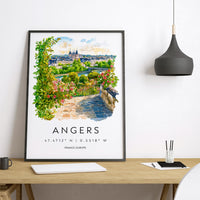 Angers Watercolor Poster Angers Travel Print France Wall Art Angers Decor Loire Valley Scene Chateau View Historic French City Print