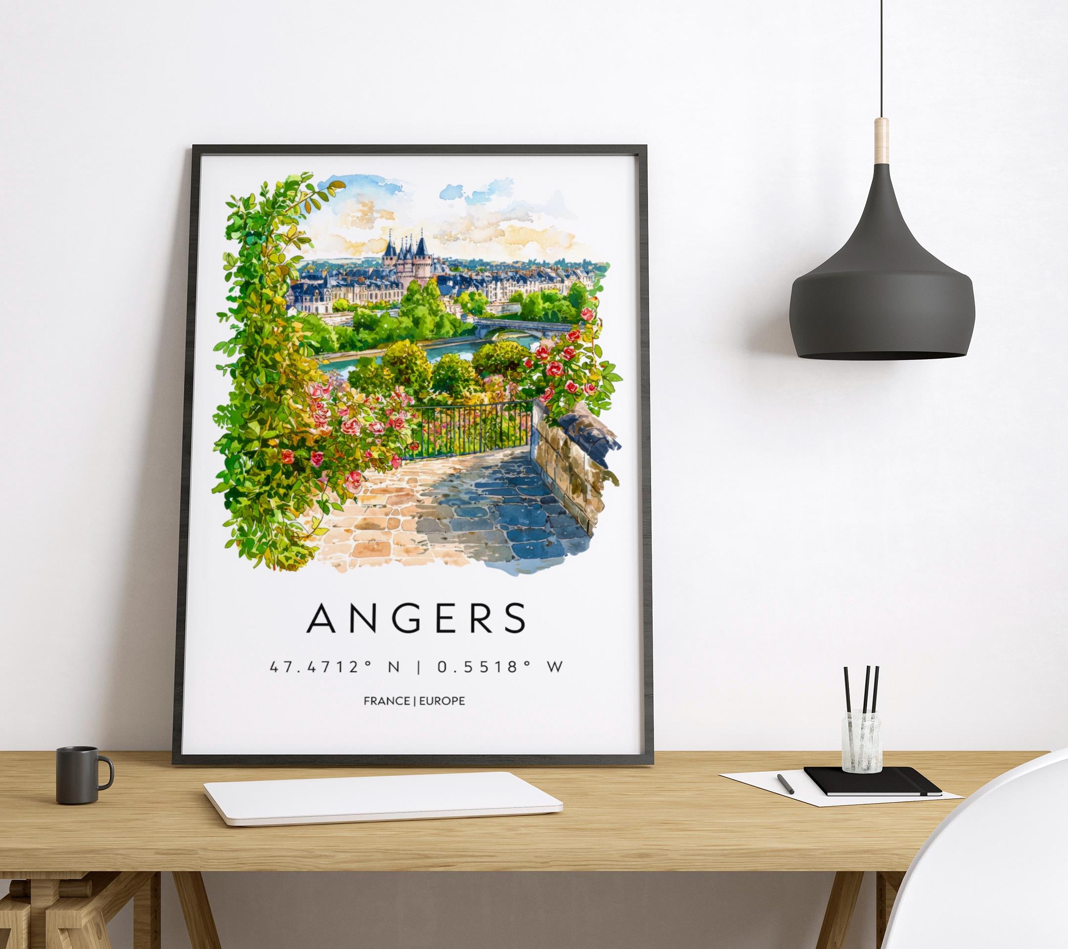 Angers Watercolor Poster Angers Travel Print France Wall Art Angers Decor Loire Valley Scene Chateau View Historic French City Print