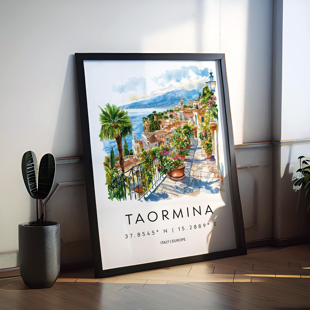 Taormina Watercolor Poster Taormina Sicily Travel Print Wall Art Taormina Decor Italian Town Fine Art Print Taormina Souvenir Gift