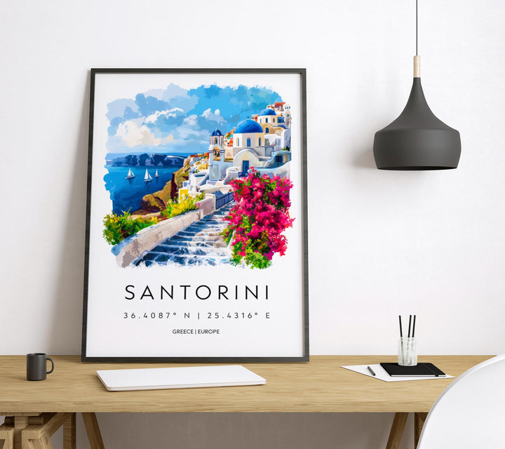 Santorini Watercolor Poster Santorini Greece Travel Print Wall Art Santorini Home Decor Santorini Gift Art Lovers Greece Art Santorini