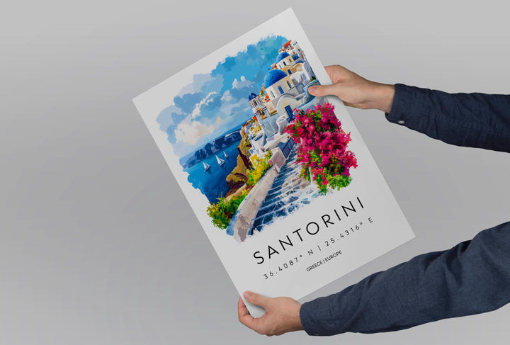 Santorini Watercolor Poster Santorini Greece Travel Print Wall Art Santorini Home Decor Santorini Gift Art Lovers Greece Art Santorini