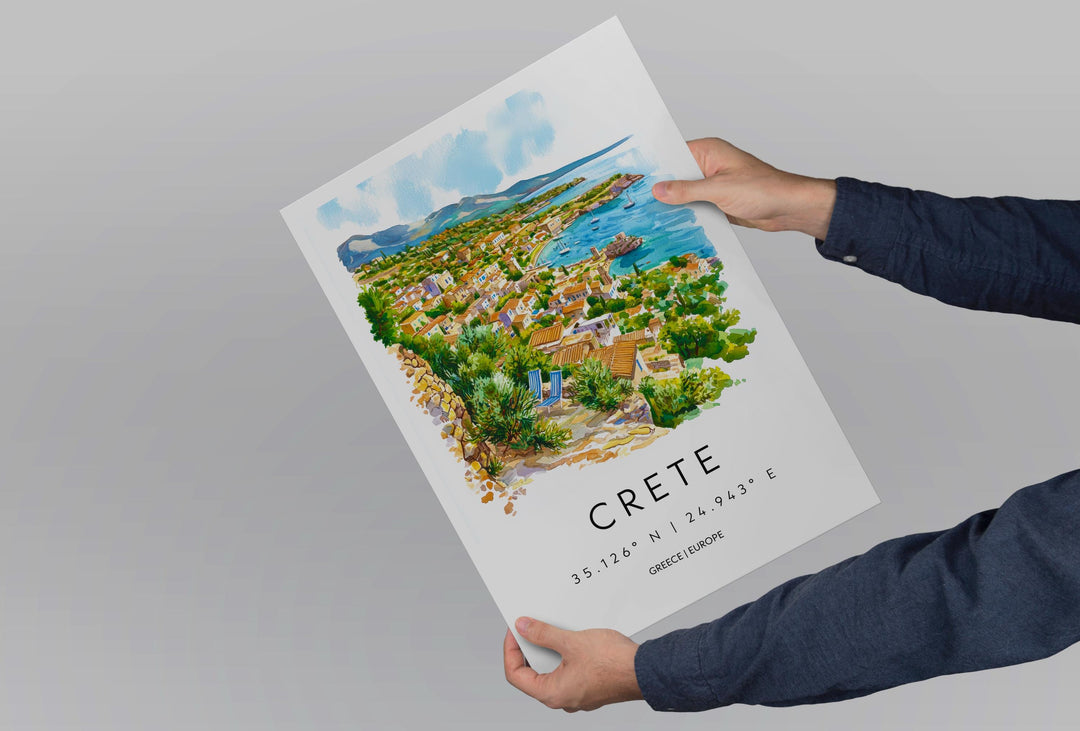 Crete Watercolor Poster Crete Greece Travel Print Wall Art Crete Home Decor Crete Gift Art Lovers Greece Art Crete Island View