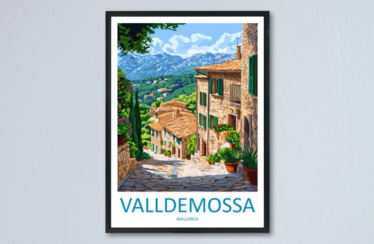 Valldemossa Travel Poster Mallorca Wall Art Village View Print Mountain Scene Illustration Mediterranean Decor Gift Souvenir