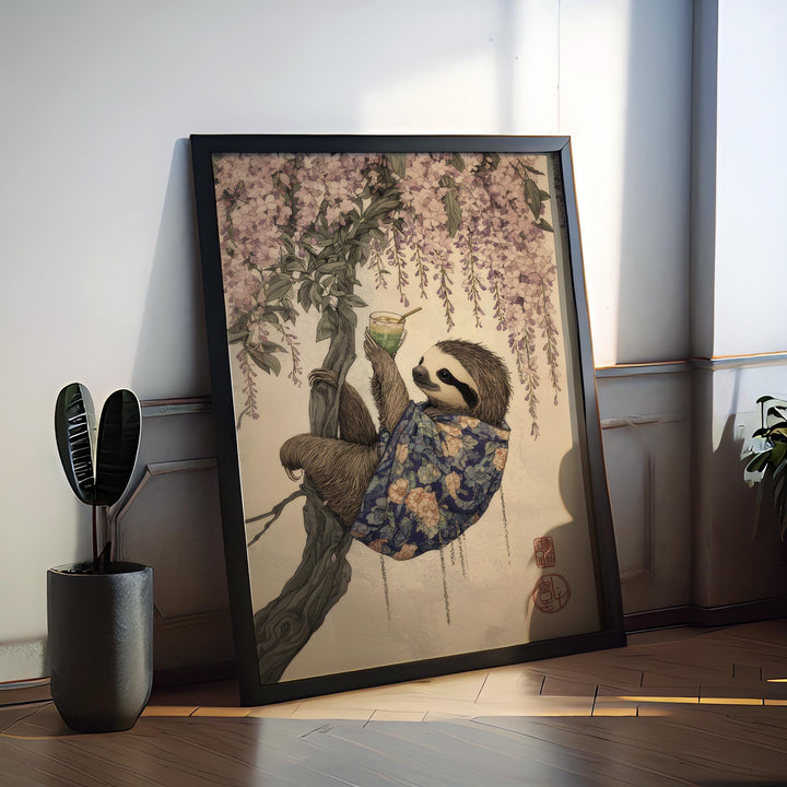 Sloth Drinking Matcha Ukiyo-e Print, Japanese Tea Art