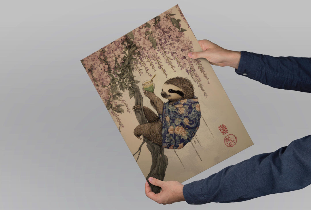 Sloth Drinking Matcha Ukiyo-e Print, Japanese Tea Art