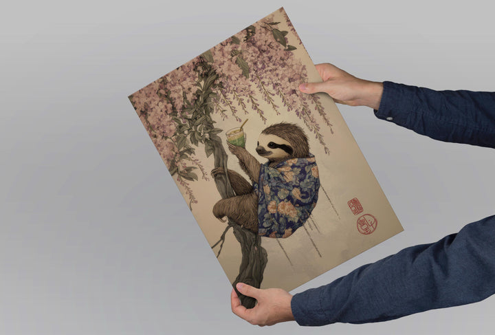Sloth Drinking Matcha Ukiyo-e Print, Japanese Tea Art