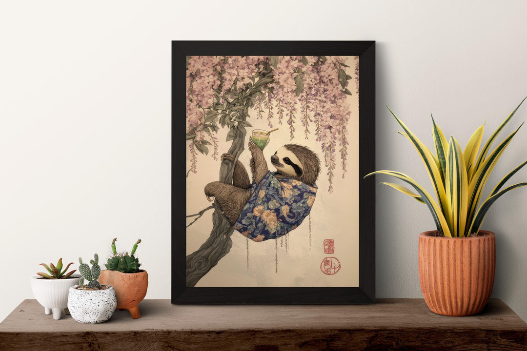 Sloth Drinking Matcha Ukiyo-e Print, Japanese Tea Art