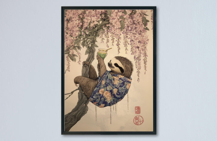 Sloth Drinking Matcha Ukiyo-e Print, Japanese Tea Art
