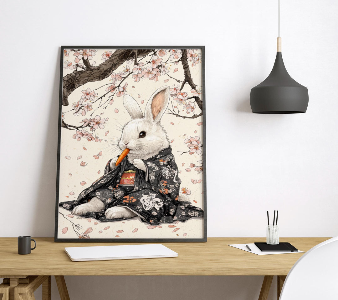 Rabbit Eating Carrot Woodblock Print, Ukiyo-e Japanese Art