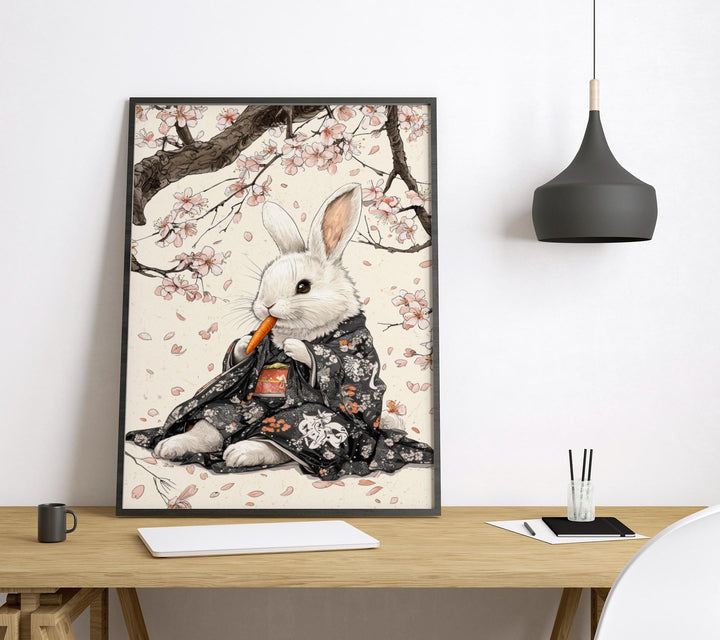 Rabbit Eating Carrot Woodblock Print, Ukiyo-e Japanese Art