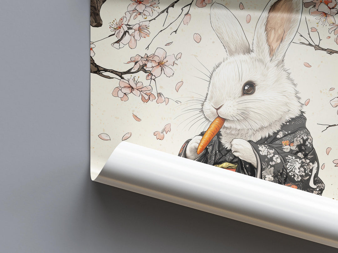 Rabbit Eating Carrot Woodblock Print, Ukiyo-e Japanese Art