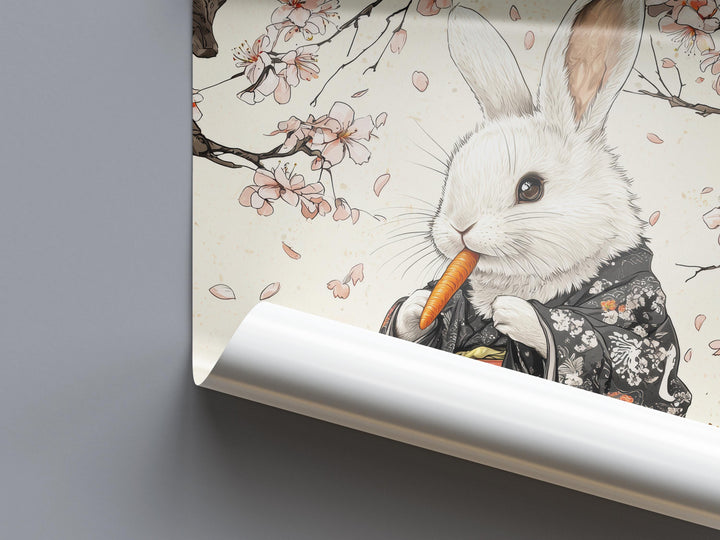 Rabbit Eating Carrot Woodblock Print, Ukiyo-e Japanese Art