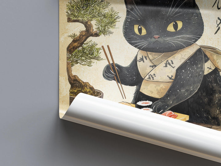 Cat Eating Sushi Print | Ukiyo-e Japanese Food Art