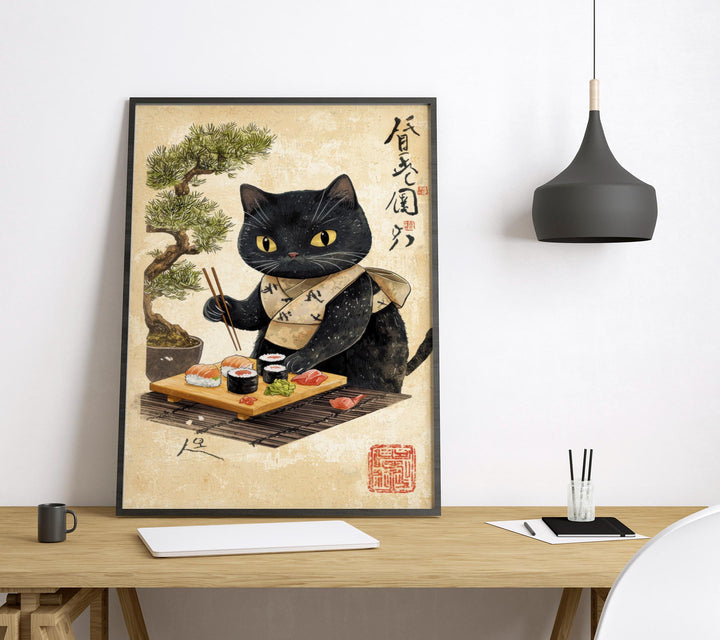 Cat Eating Sushi Print | Ukiyo-e Japanese Food Art